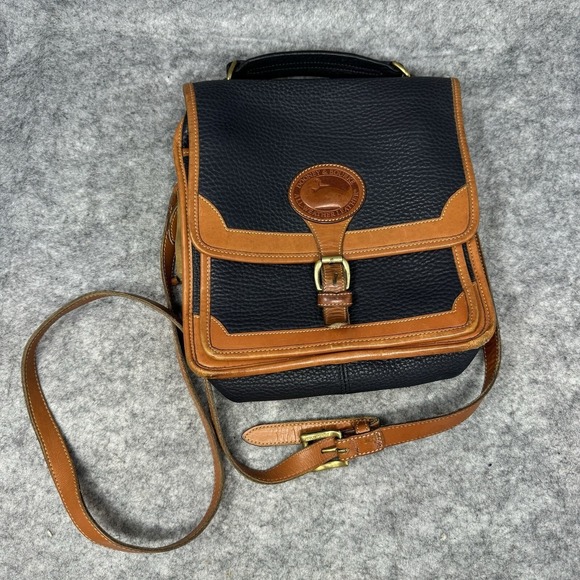 Vtg Dooney & Bourke AWL Surrey Crossbody Bag 90s Leather Square Blue Tan Saddle - Picture 6 of 16